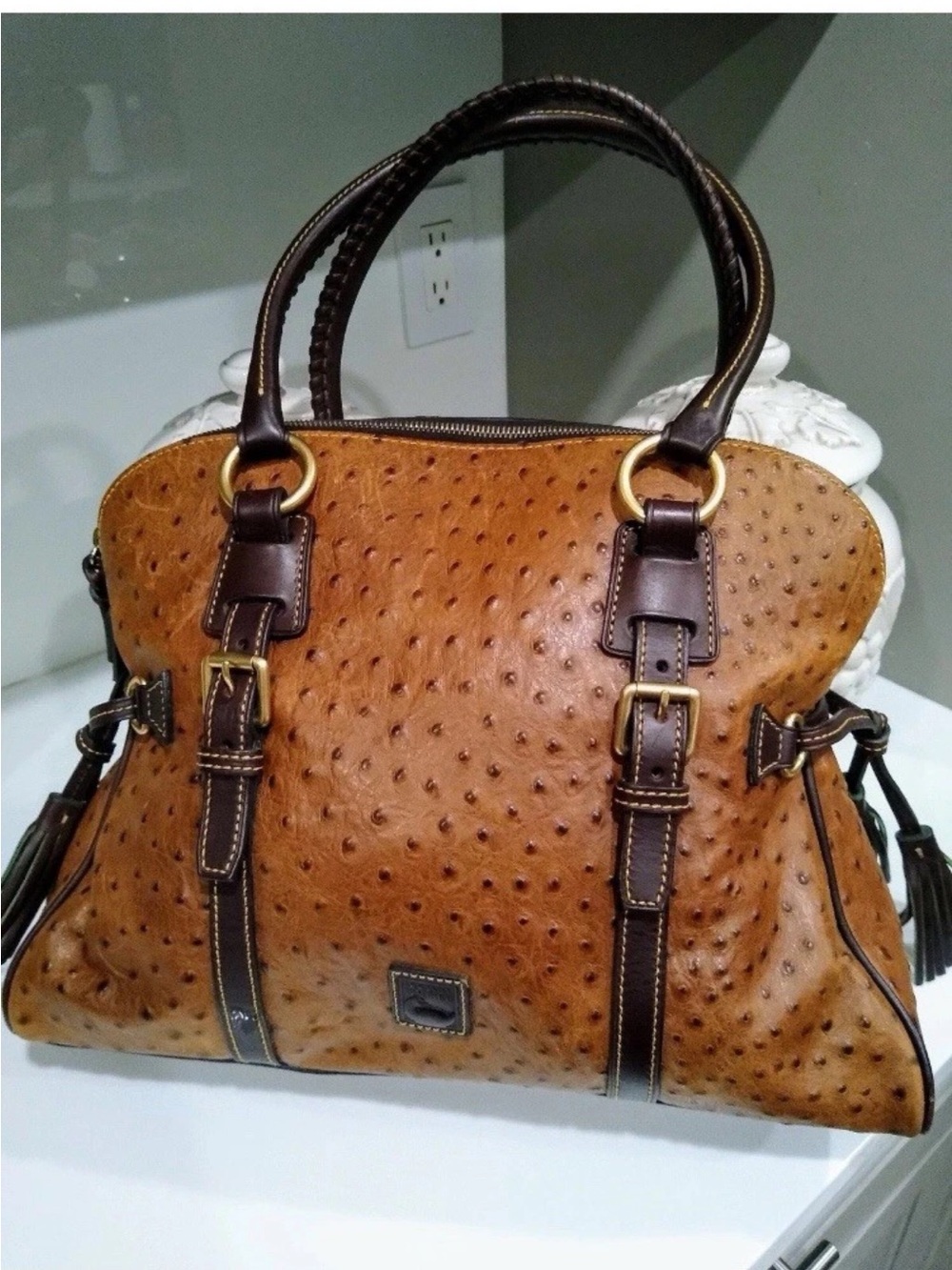 Dooney & Bourke Tan Ostrich-Texture Satchel with Dark Brown Trim